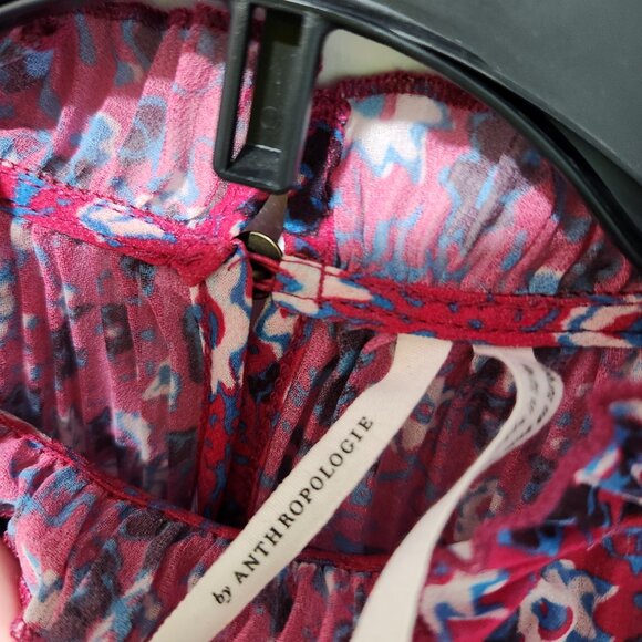 Anthropologie Frieda Sheer Pleated Short Sleeve Pink with Floral Blouse- Small - Picture 2 of 8